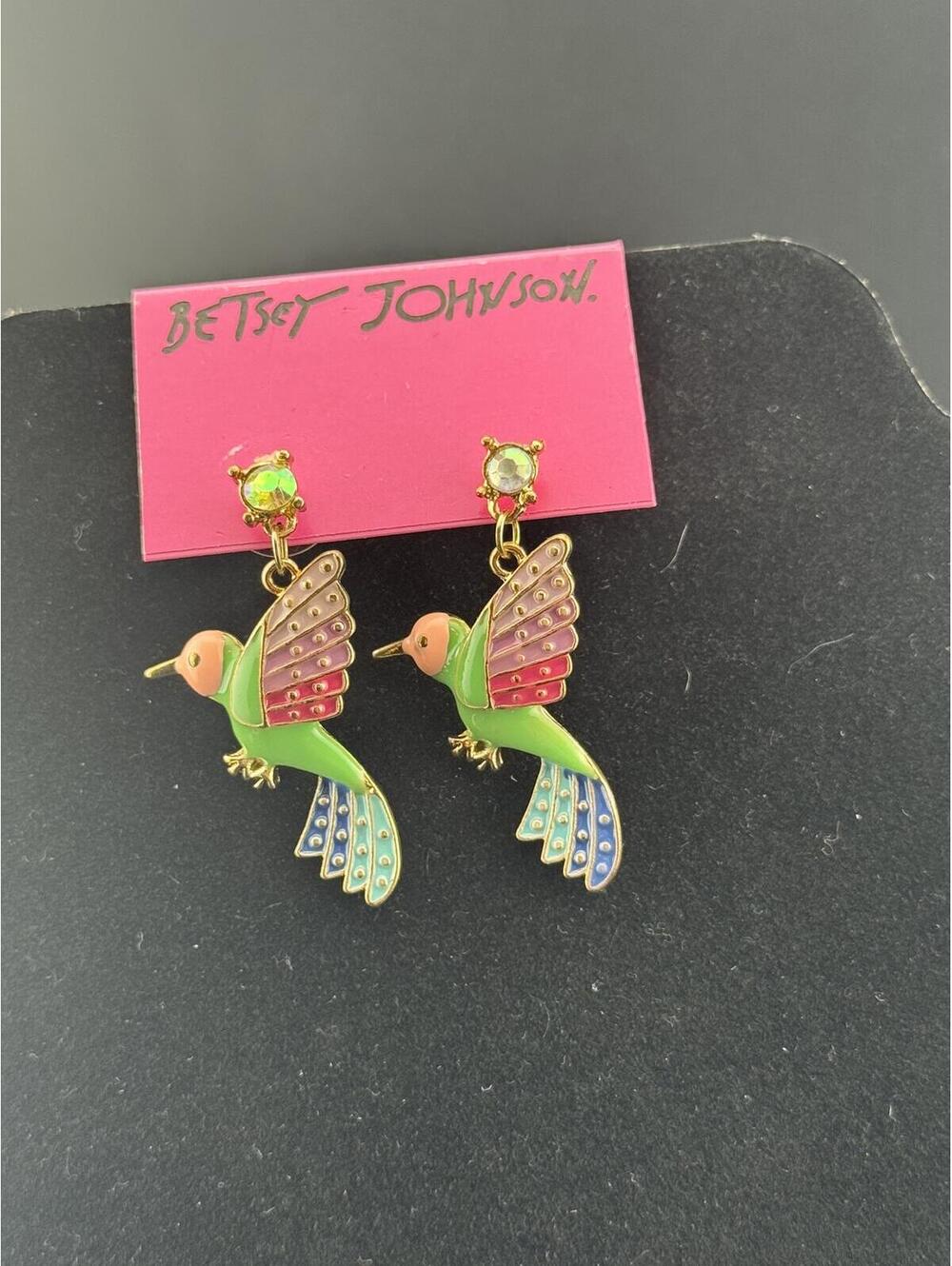 Betsey Johnson Hummingbird Drop Earrings Multicolor Enamel - Picture 1 of 2